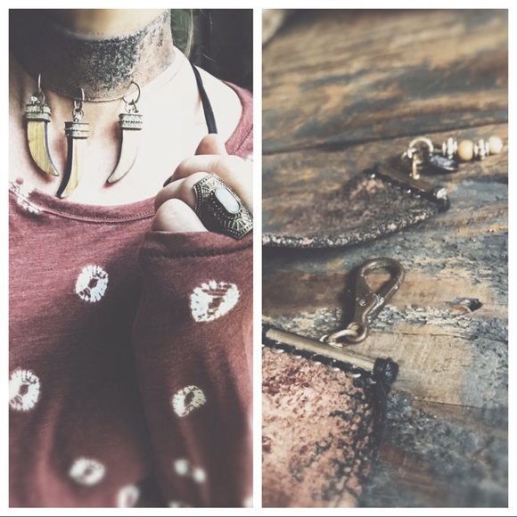 Necklace  and earrings Dip Dye Italian Leather&Rustic Wood & Metal Horns - Picture 2 of 8